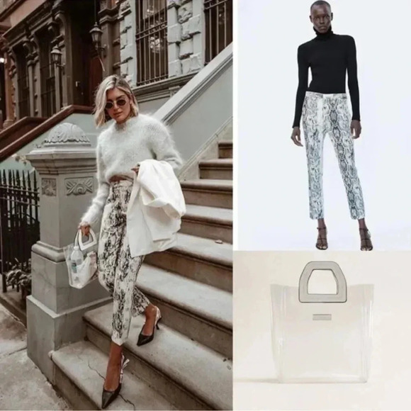 Zara Cigarette Trousers  Snakeskin Print Pants Ankle Cropped Grey White Small - Picture 4 of 16